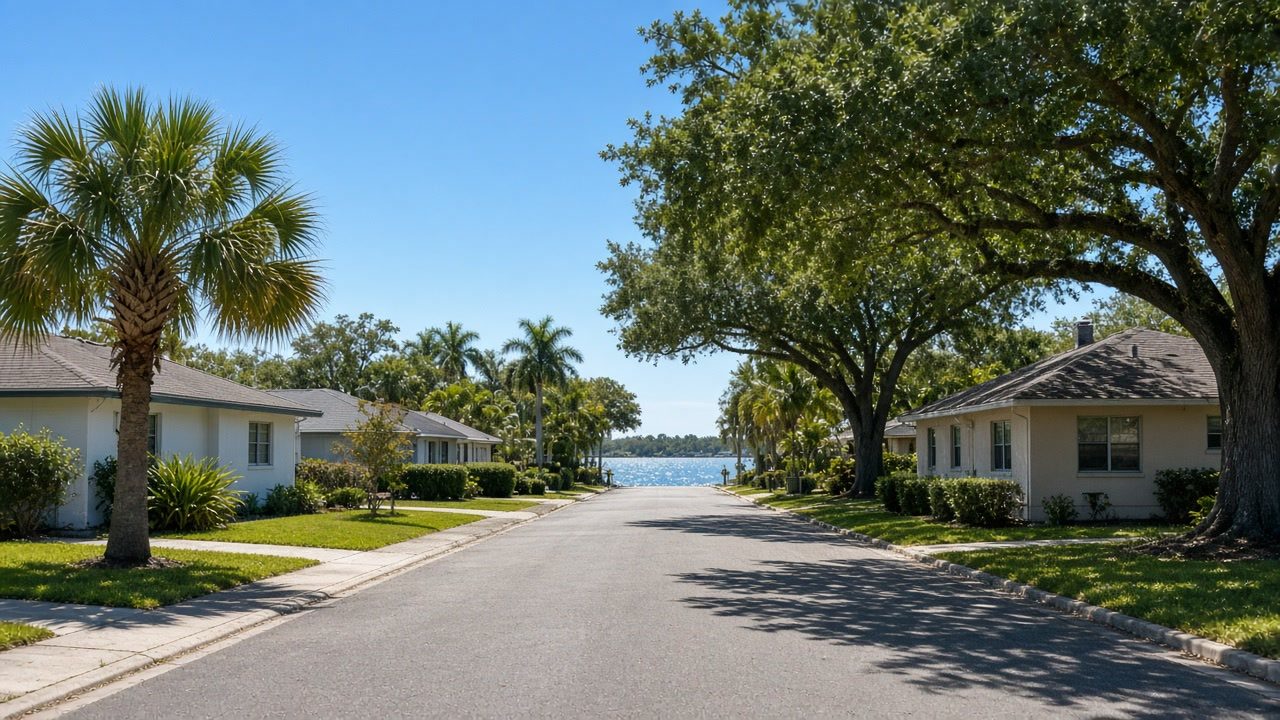 A quiet Tampa Bay street of single-story ranch houses near a canal