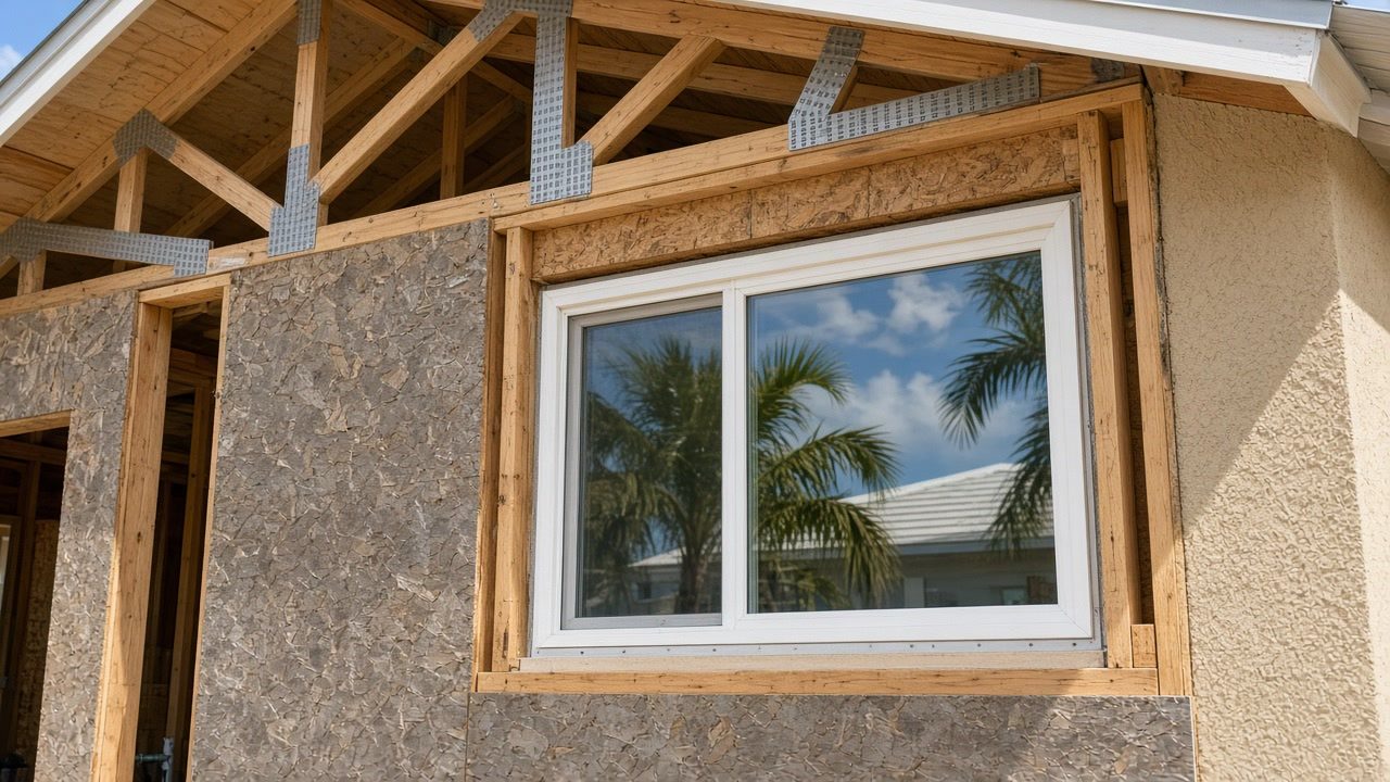 Hurricane straps and a new window in the framed wall of an addition