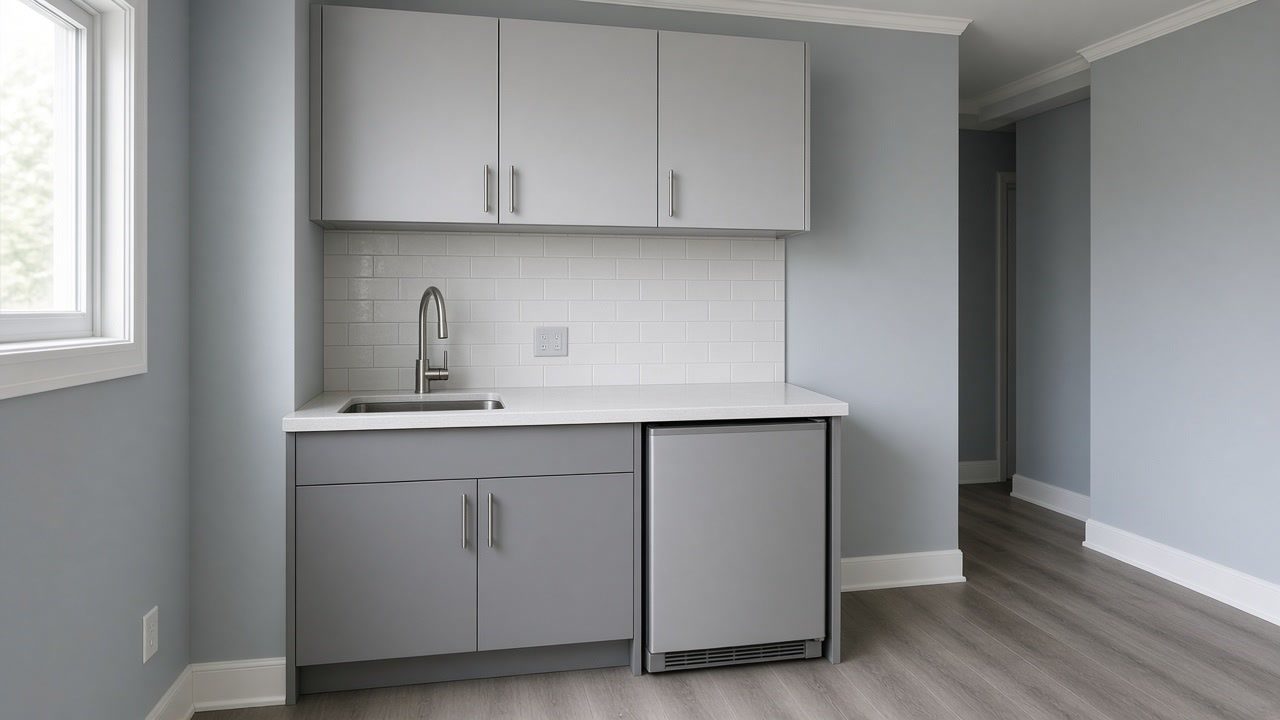 A small kitchenette with a sink and under-counter refrigerator in a suite