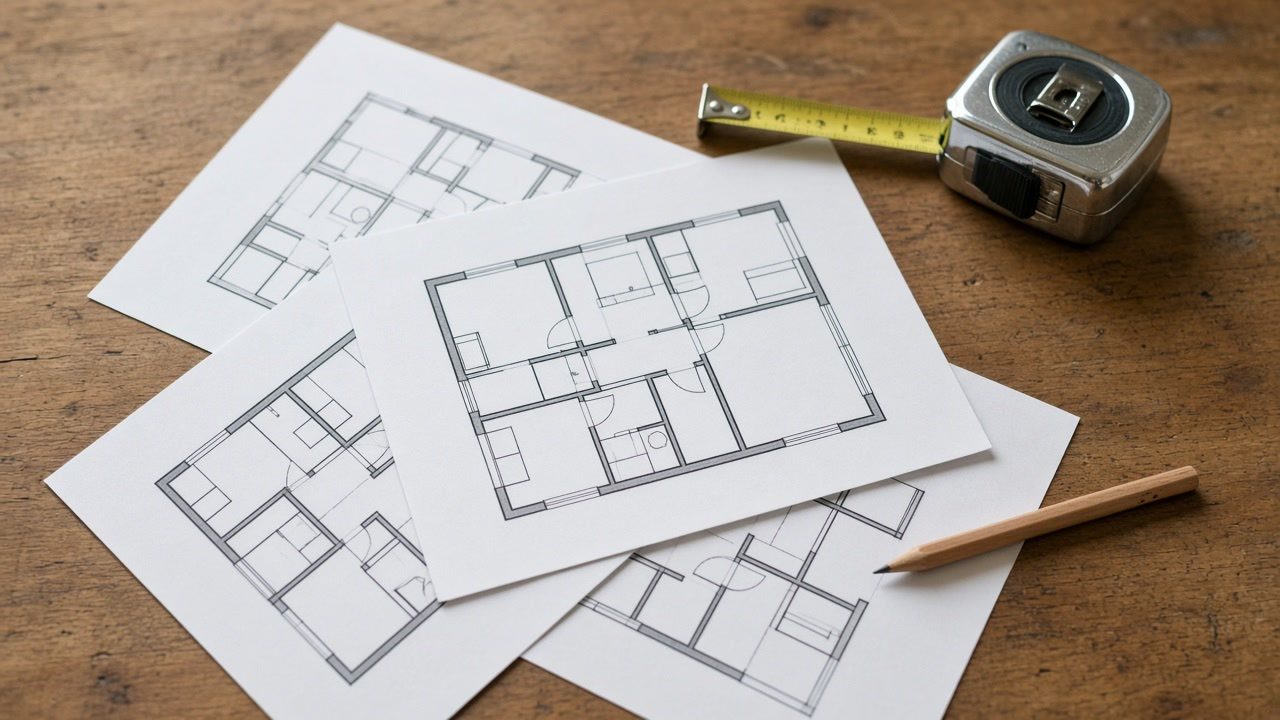 Floor plan drawings for a small home addition beside a tape measure