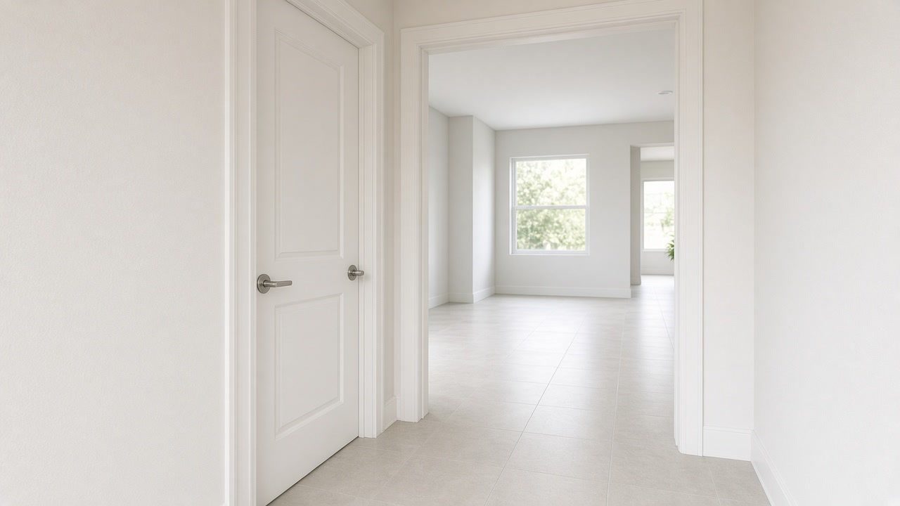 A wide doorway with no threshold and a lever door handle