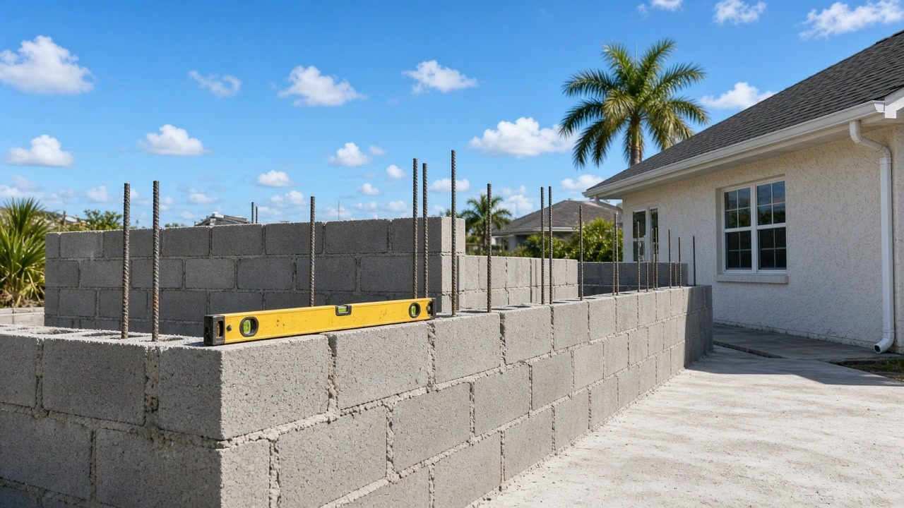 Concrete block walls of a small addition rising beside a stucco house