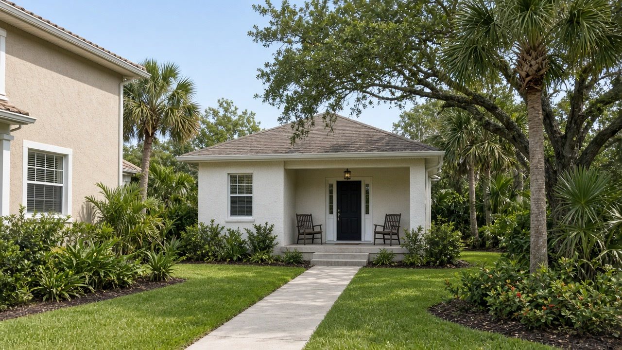 A small detached backyard cottage with its own front door and porch