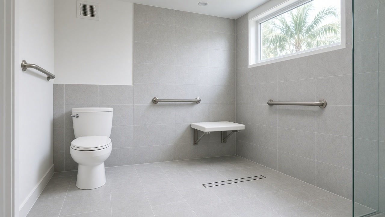 A new ground-floor bathroom with a curbless shower and grab bars