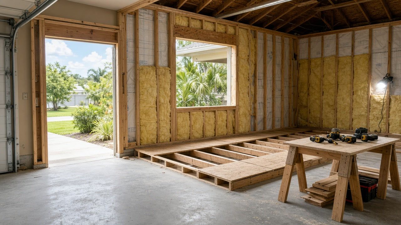 A garage being framed in and floored over as new living space